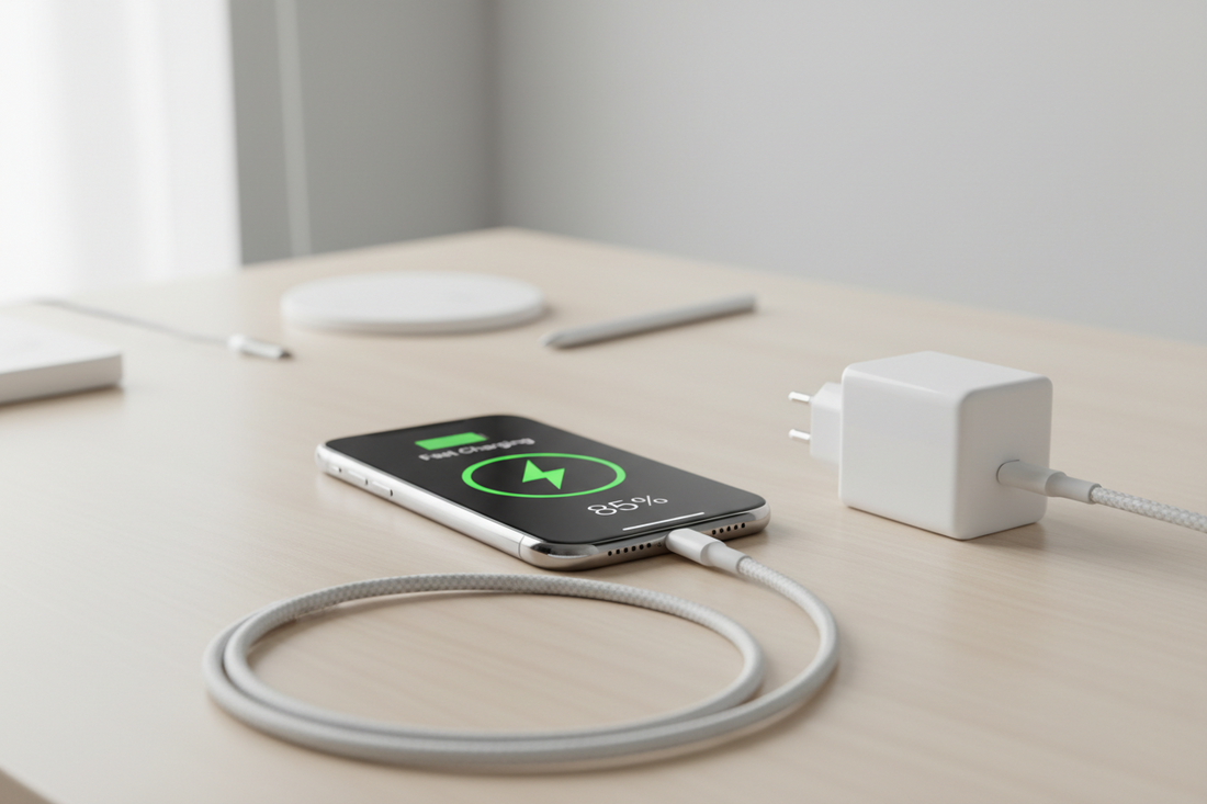 smartphone en charge avec chargeur USB-C rapide sur câble de recharge