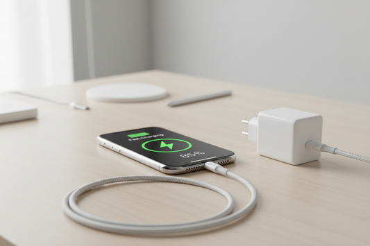 smartphone en charge avec chargeur USB-C rapide sur câble de recharge