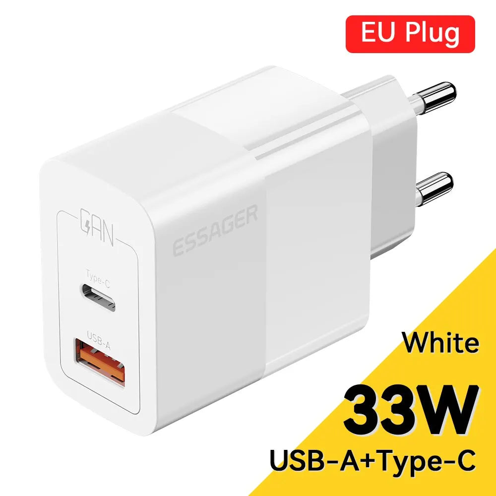 Chargeur secteur USB-C 33W GaN Essager blanc avec prise européenne, compatible iPhone, Samsung et Xiaomi