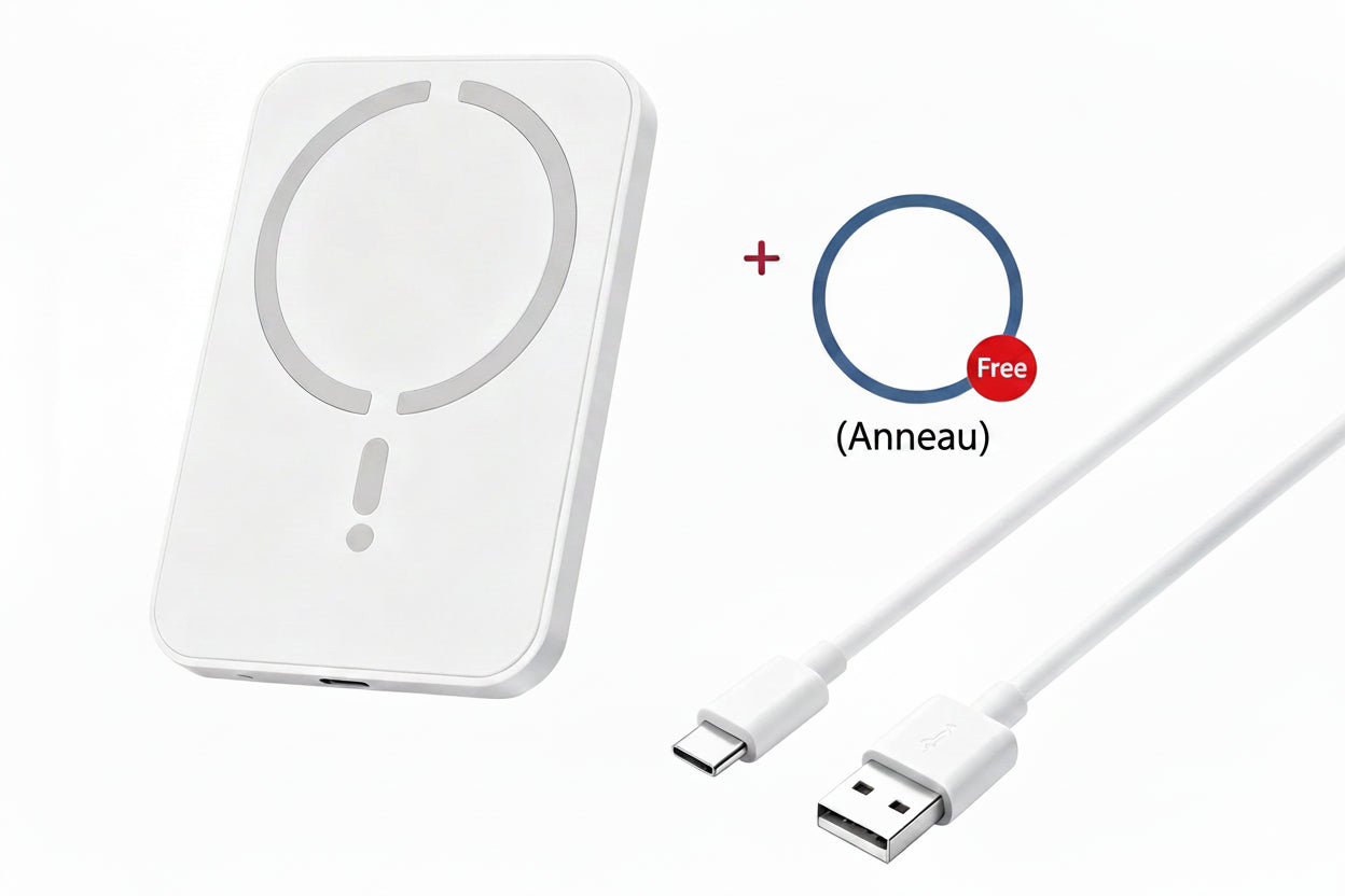 Chargeur voiture sans fil magnétique blanc avec câble USB-C pour smartphone