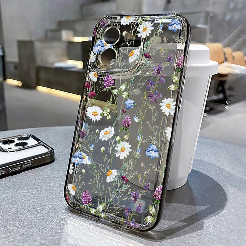 Coque noire à motif floral pour iPhone en TPU et PC