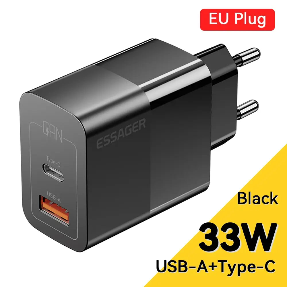 Chargeur secteur USB-C 33W GaN Essager noir avec prise européenne, compatible iPhone, Samsung et Xiaomi