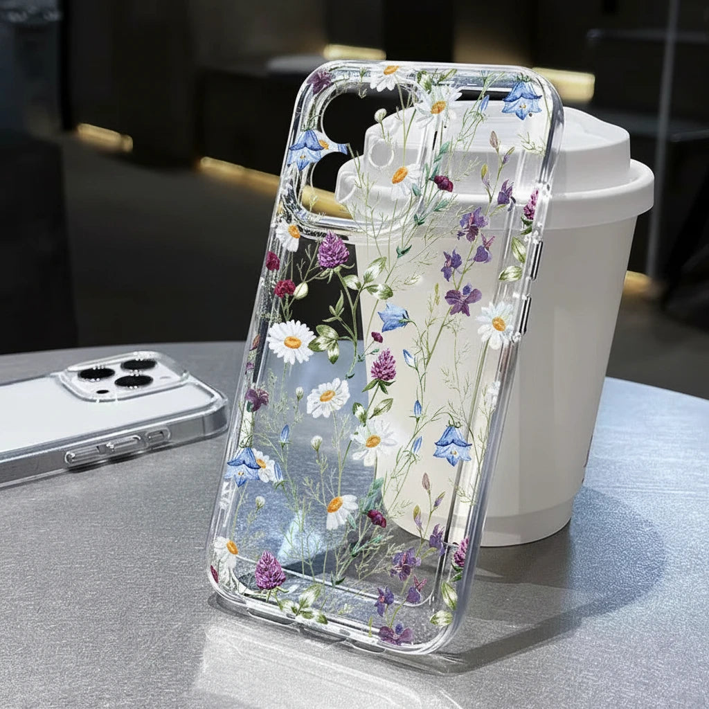 Coque transparente à motif floral pour iPhone en TPU et PC