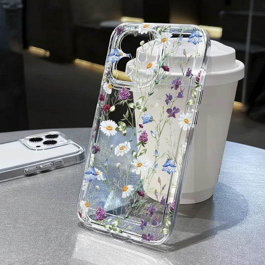 Coque transparente à motif floral pour iPhone en TPU et PC