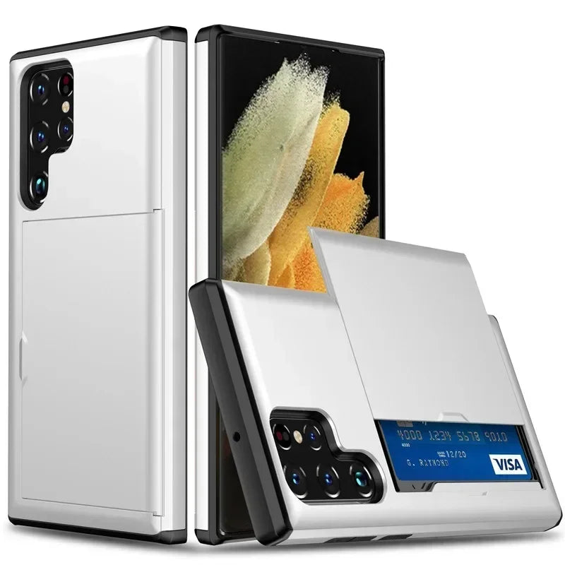 Coque Samsung Galaxy argentée avec porte-cartes intégré pour 2 cartes