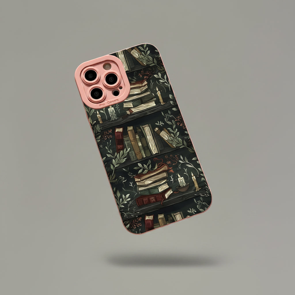 Coque iPhone noire avec fond de caméra rose et motif décoratif