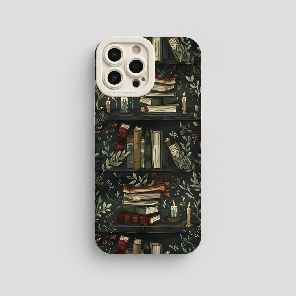 Coque iPhone noire avec fond de caméra beige et motif décoratif