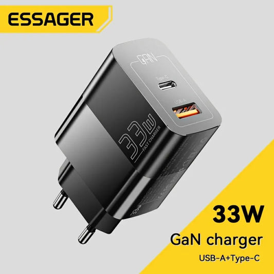 Chargeur secteur USB-C 33W GaN Essager avec prise européenne, compatible iPhone, Samsung et Xiaomi