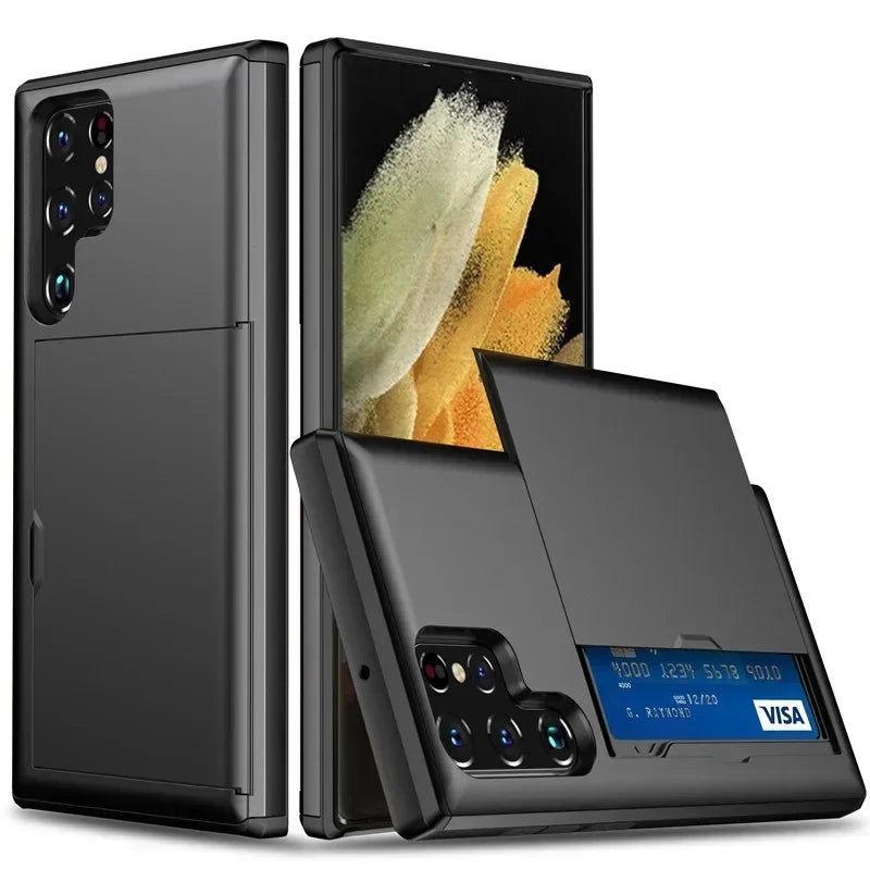 Coque portefeuille noire antichoc pour Samsung Galaxy avec porte-cartes